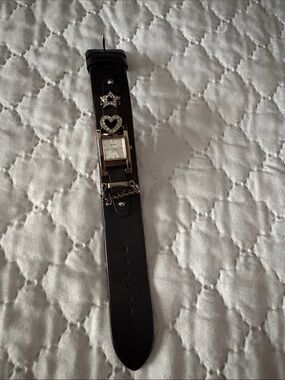 GUESS Black Leather Charm Bracelet Watch with Silver Accents